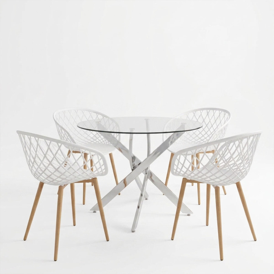 Set ngrënieje me karrige me krahë Ezra të bardha dhe tavolinë Antoro xhami me bazë kromi Φ100x75cm Set 5 copë