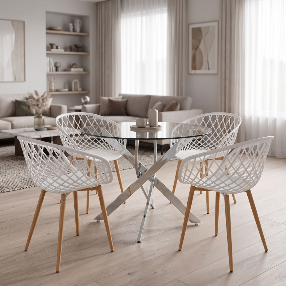 Set ngrënieje me karrige me krahë Ezra të bardha dhe tavolinë Antoro xhami me bazë kromi Φ100x75cm Set 5 copë
