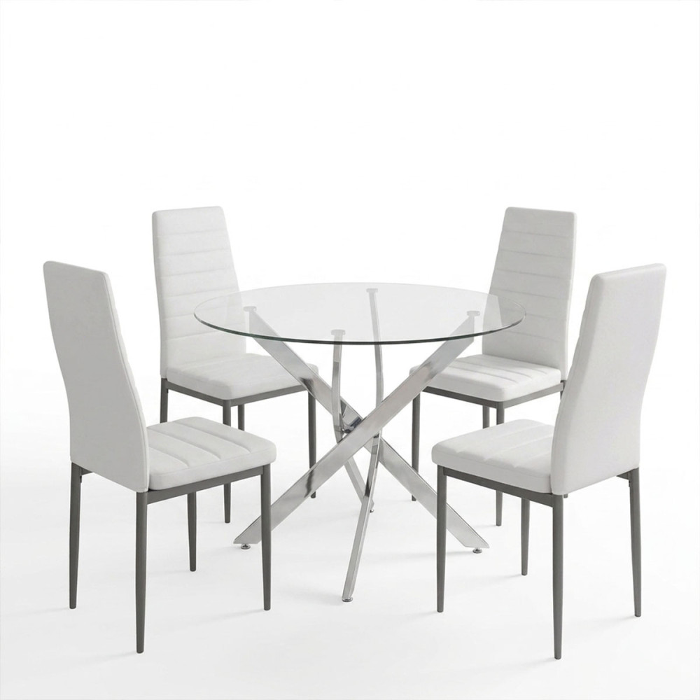 Set ngrënieje me karrige Parker të bardha dhe tavolinë xhami Antoro me bazë kromi Φ100x75cm Set 5 copë