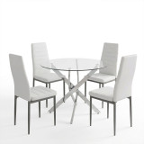 Set ngrënieje me karrige Parker të bardha dhe tavolinë xhami Antoro me bazë kromi Φ100x75cm Set 5 copë