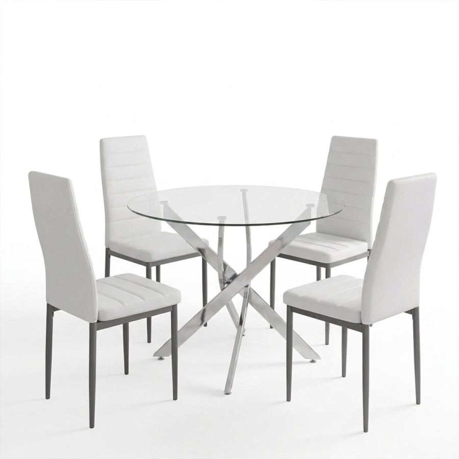 Set ngrënieje me karrige Parker të bardha dhe tavolinë xhami Antoro me bazë kromi Φ100x75cm Set 5 copë