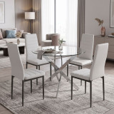 Set ngrënieje me karrige Parker të bardha dhe tavolinë xhami Antoro me bazë kromi Φ100x75cm Set 5 copë