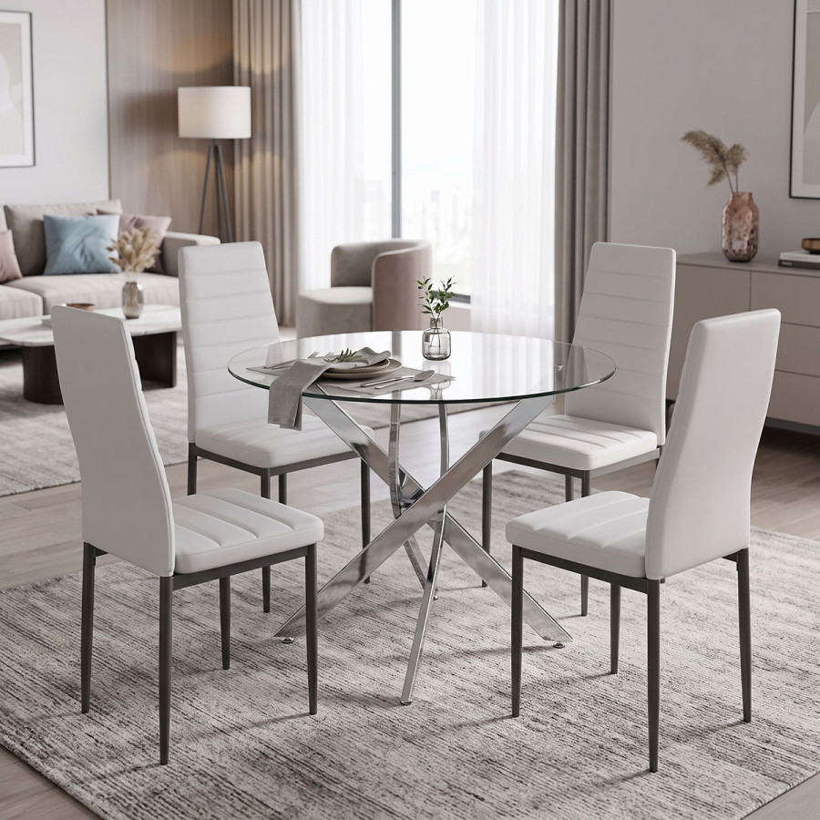 Set ngrënieje me karrige Parker të bardha dhe tavolinë xhami Antoro me bazë kromi Φ100x75cm Set 5 copë