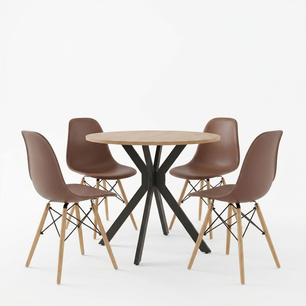 Set ngrënieje Julita me karrige kafe dhe tavolinë Xuson me përfundim natyral Ø80x75cm Set 5-copësh