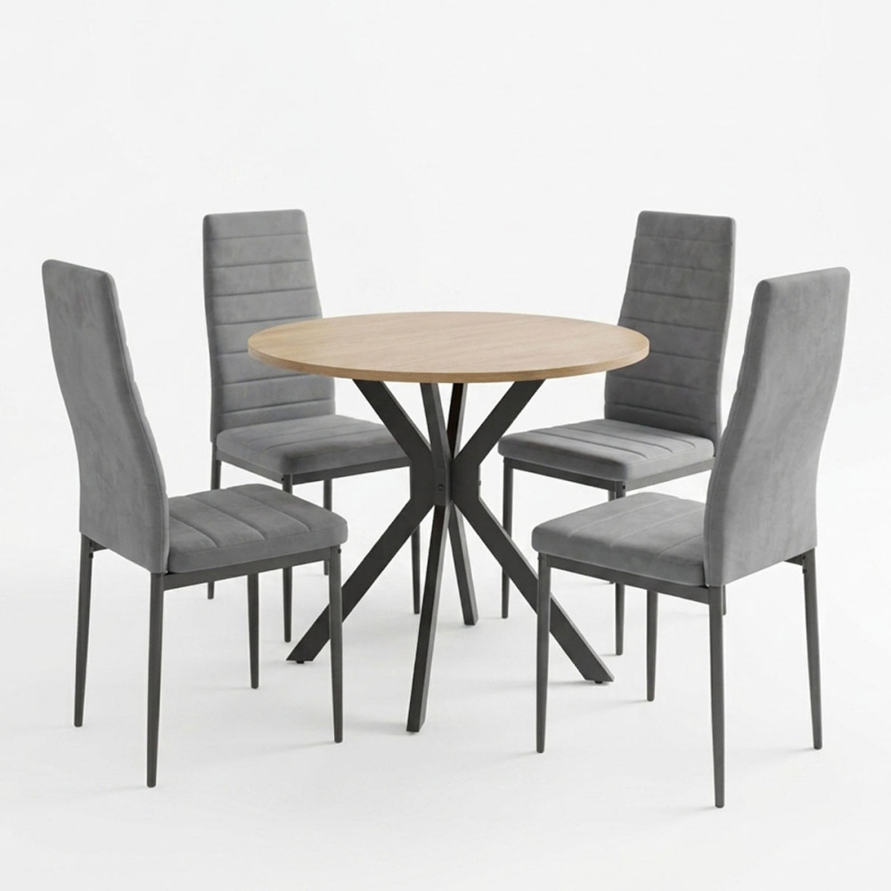 Set ngrënieje Parker me karrige gri dhe tavolinë Xuson me përfundim natyral Ø80x75cm Set 5-copësh