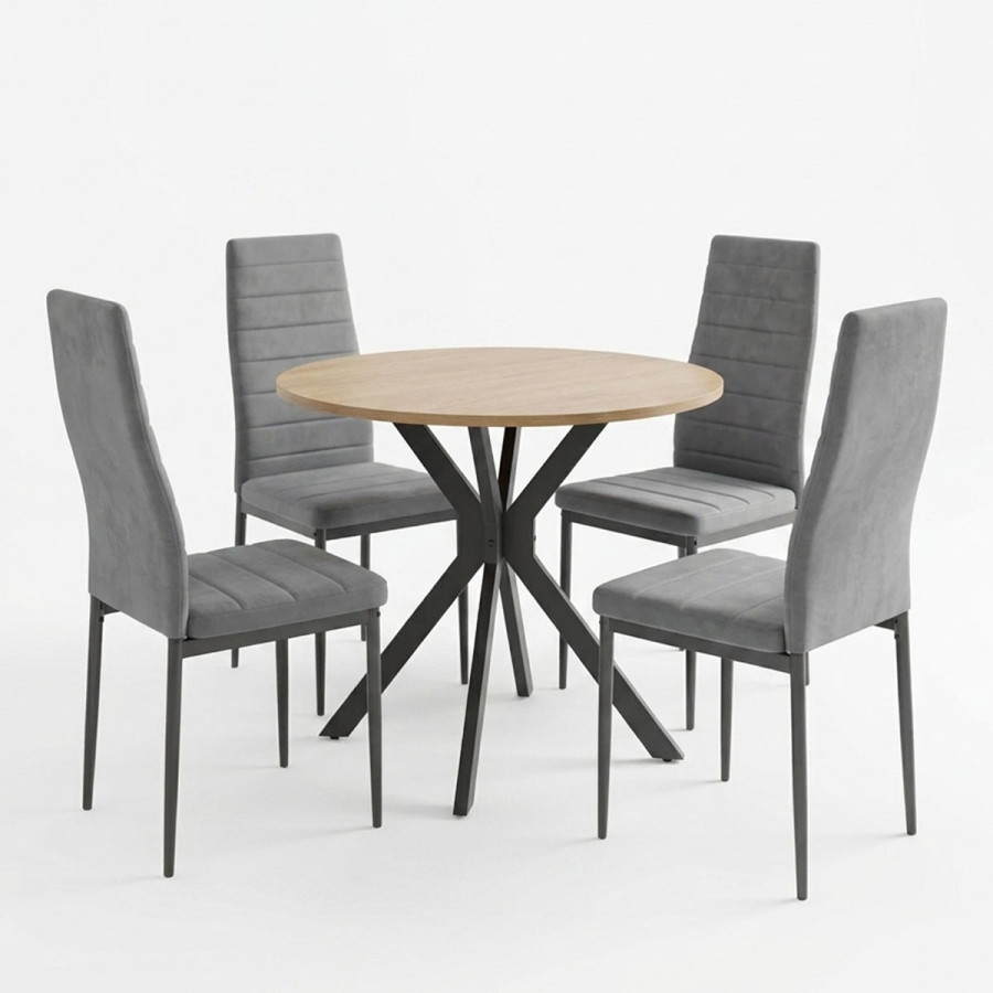 Set ngrënieje Parker me karrige gri dhe tavolinë Xuson me përfundim natyral Ø80x75cm Set 5-copësh