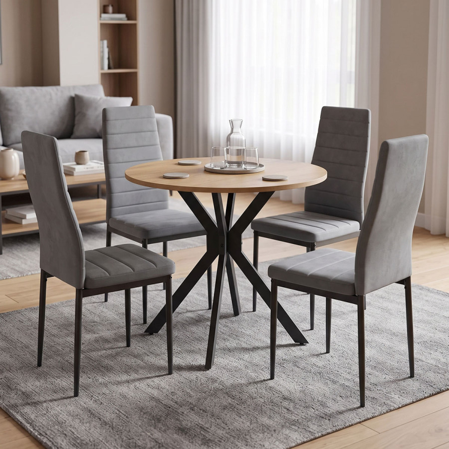 Set ngrënieje Parker me karrige gri dhe tavolinë Xuson me përfundim natyral Ø80x75cm Set 5-copësh