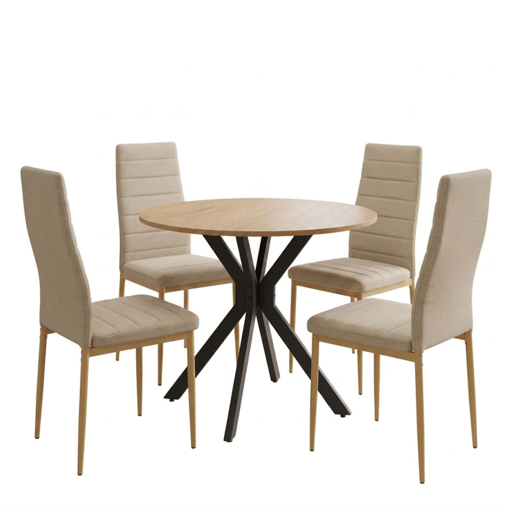Set ngrënieje Parker me karrige bezhë dhe tavolinë Xuson me përfundim natyral Ø80x75cm Set 5-copësh