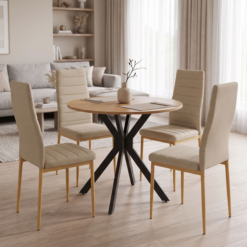 Set ngrënieje Parker me karrige bezhë dhe tavolinë Xuson me përfundim natyral Ø80x75cm Set 5-copësh