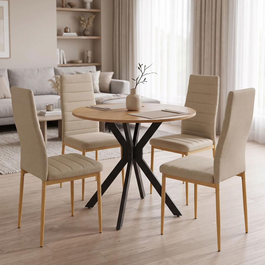 Set ngrënieje Parker me karrige bezhë dhe tavolinë Xuson me përfundim natyral Ø80x75cm Set 5-copësh