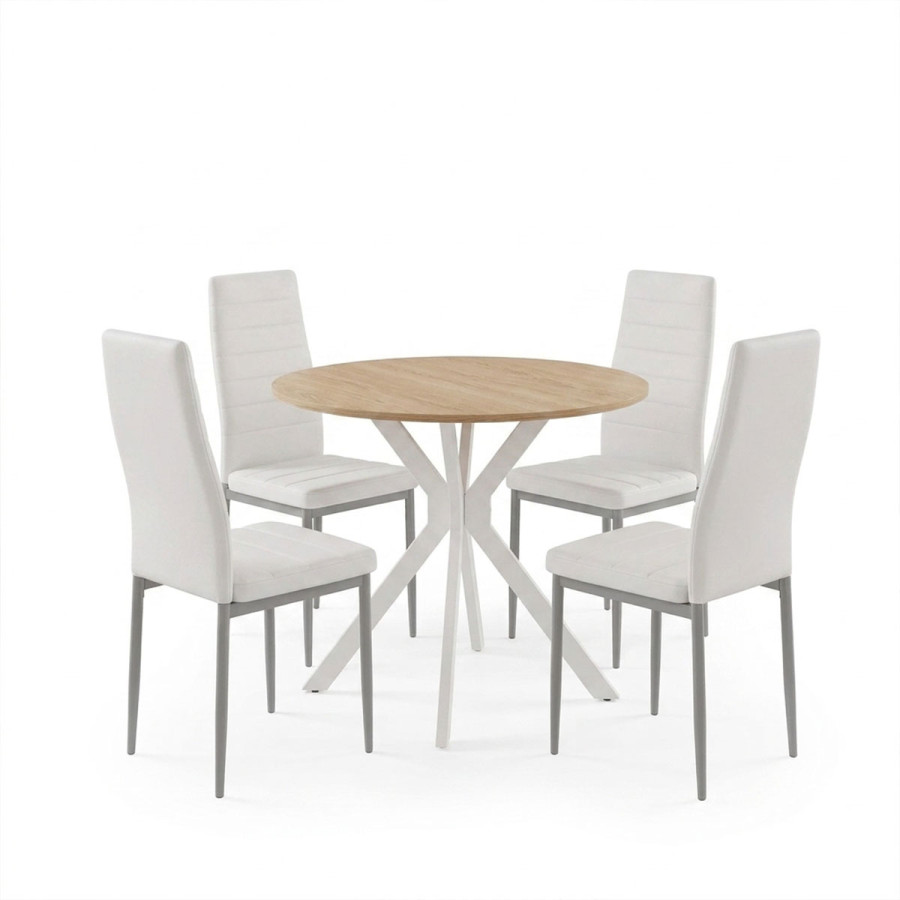 Set ngrënieje me karrige Parker të bardha dhe tavolinë Xuson të bardhë Ø80x75cm Set me 5 copë