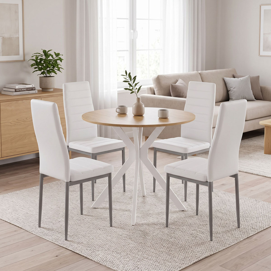 Set ngrënieje me karrige Parker të bardha dhe tavolinë Xuson të bardhë Ø80x75cm Set me 5 copë