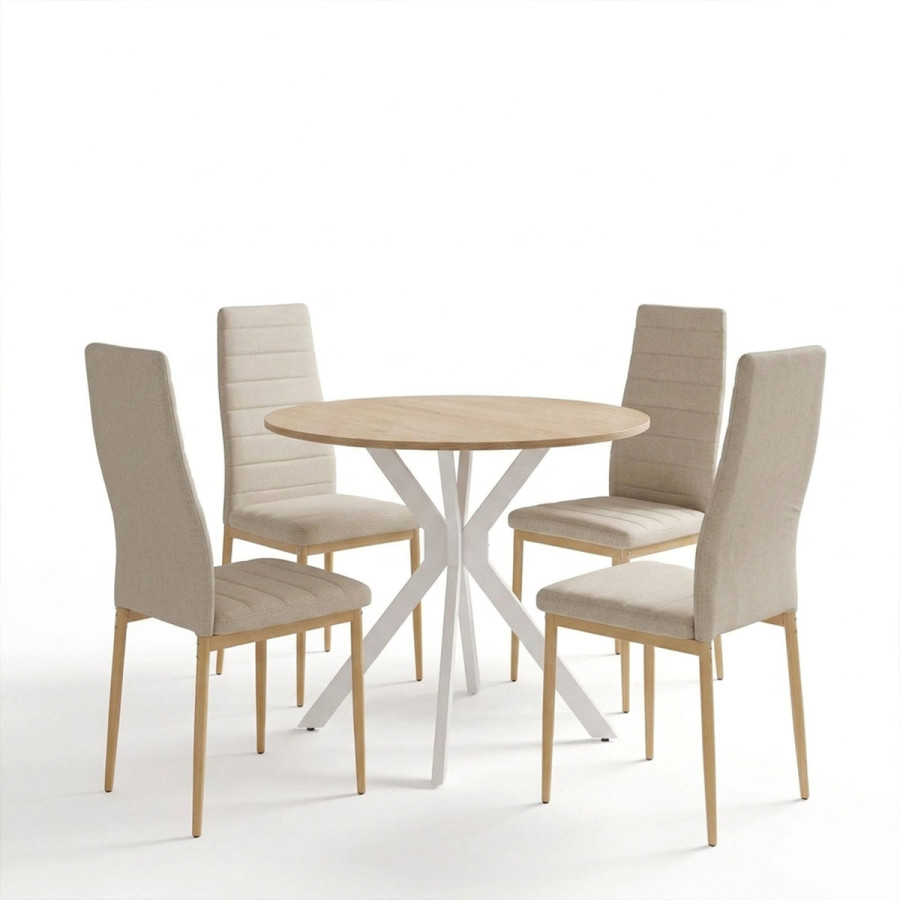 Set ngrënieje me karrige Parker bezhë dhe tavolinë Xuson të bardhë Ø80x75cm Set me 5 copë