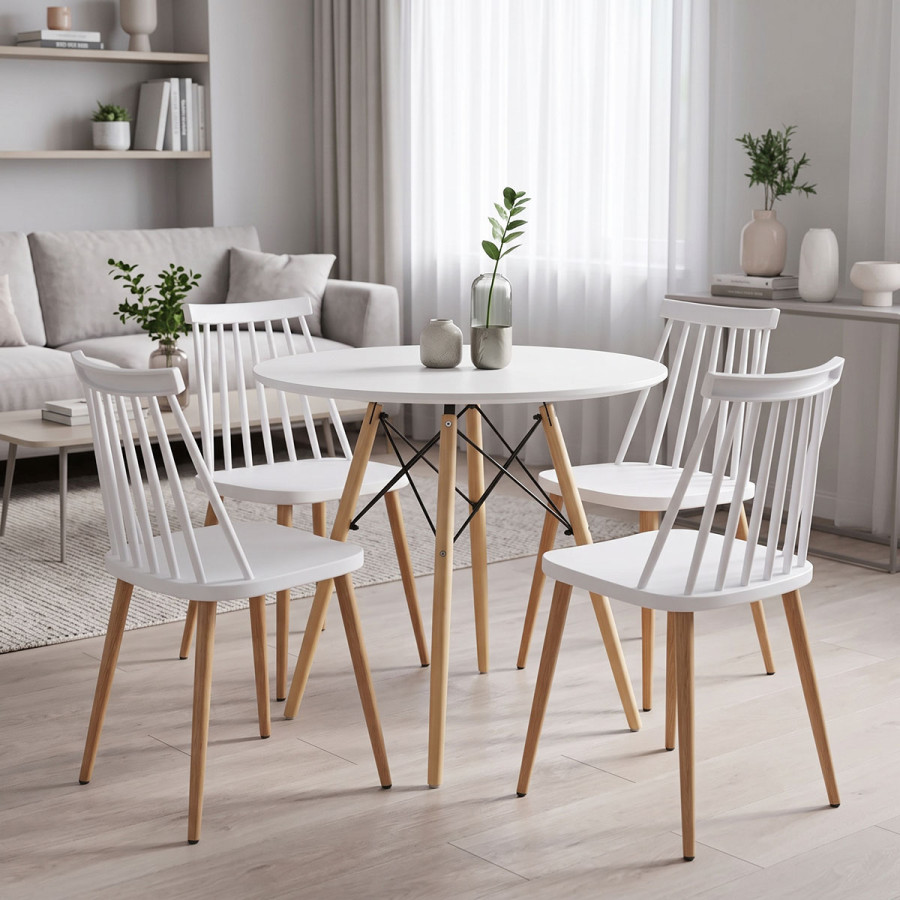 Set ngrënieje me karrige Aurora të bardha dhe tavolinë Julita të bardhë Ø80x73cm Set me 5 copë