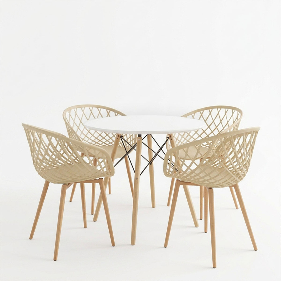 Set ngrënie me kolltuqe Ezra cappuccino dhe tavolinë Julita White Ø80x73cm Set prej 5 copësh