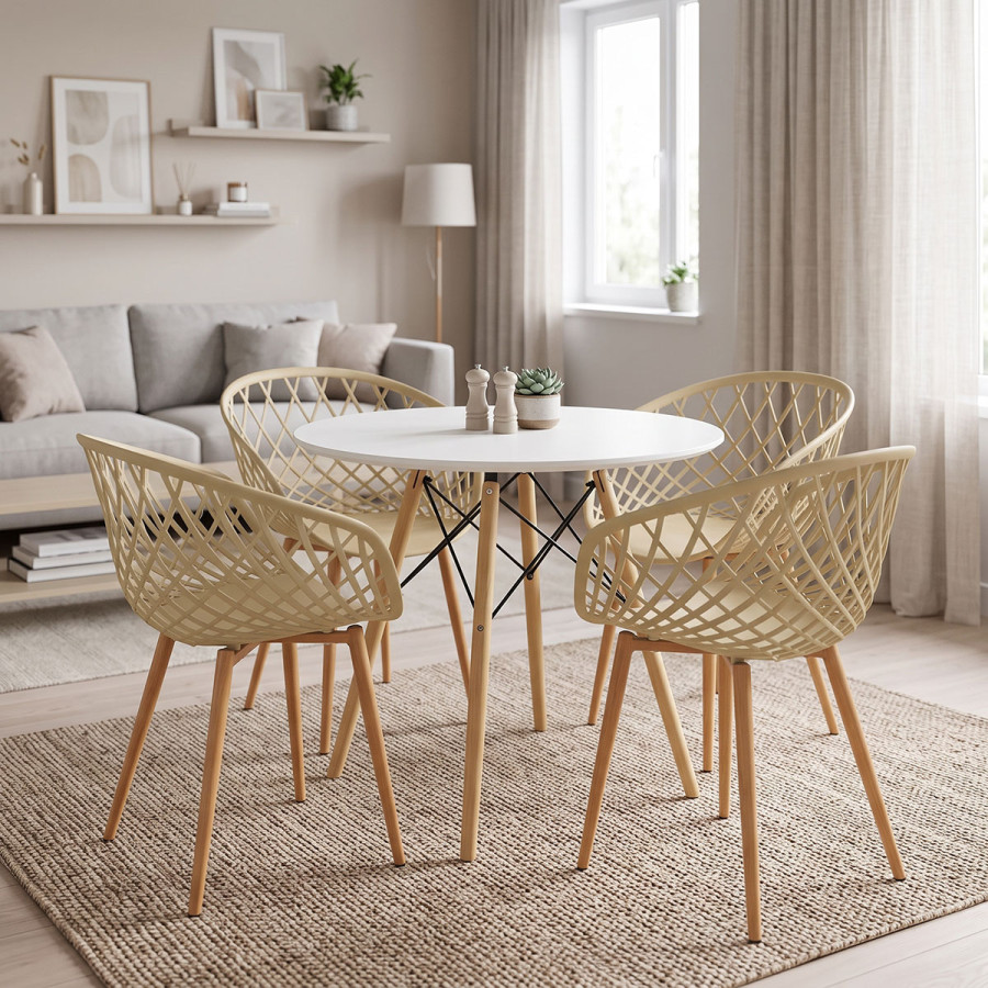 Set ngrënie me kolltuqe Ezra cappuccino dhe tavolinë Julita White Ø80x73cm Set prej 5 copësh