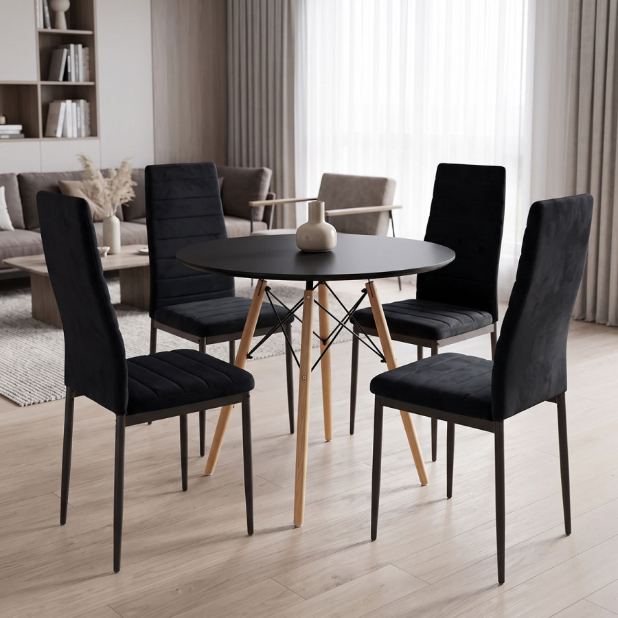 Set ngrënieje me karrige Parker të zeza dhe tavolinë Julita të zezë Ø80x73cm Set me 5 copë
