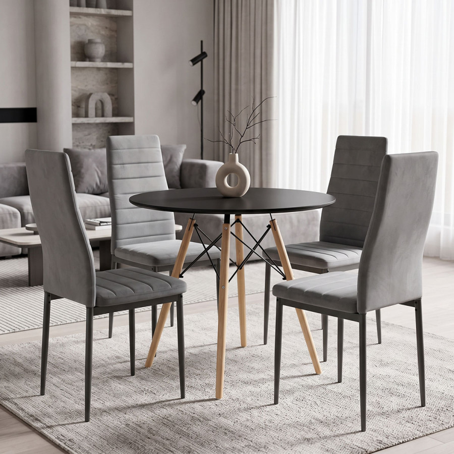 Set ngrënieje me karrige Parker gri dhe tavolinë Julita të zezë Ø80x73cm Set me 5 copë