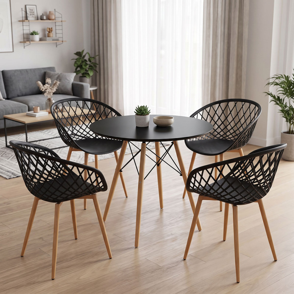 Set ngrënie me kolltuqe Ezra black dhe tavolinë Julita Black Ø80x73cm Set prej 5 copësh