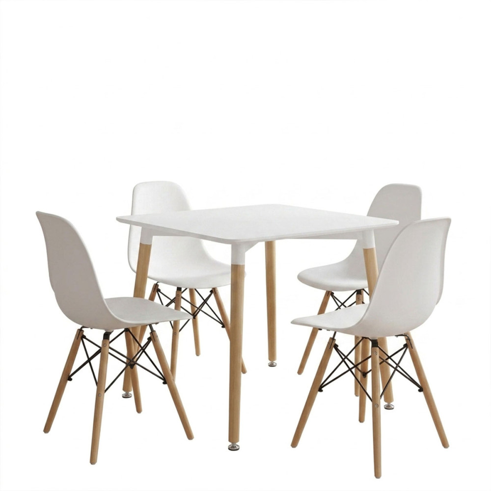 Set ngrënieje me karrige Julita të bardha dhe tavolinë Natali të bardhë 80x80x76cm Set prej 5 copësh