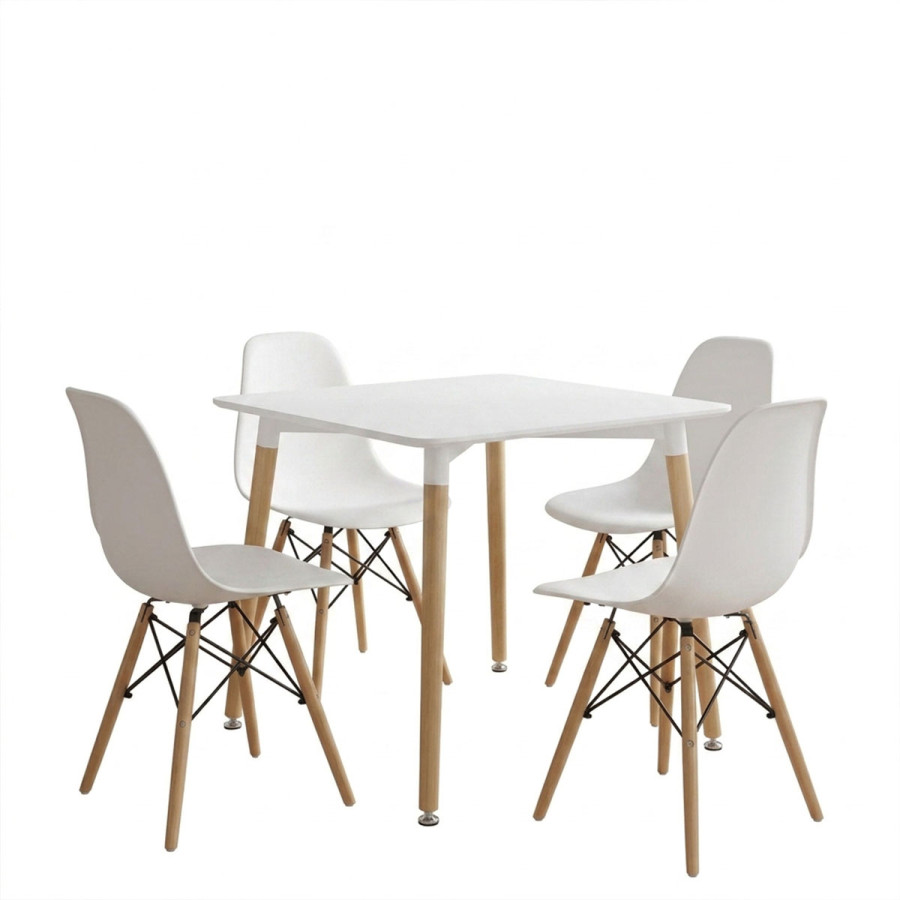 Set ngrënieje me karrige Julita të bardha dhe tavolinë Natali të bardhë 80x80x76cm Set prej 5 copësh