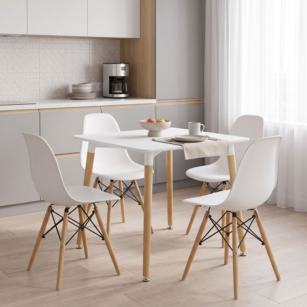 Set ngrënieje me karrige Julita të bardha dhe tavolinë Natali të bardhë 80x80x76cm Set prej 5 copësh
