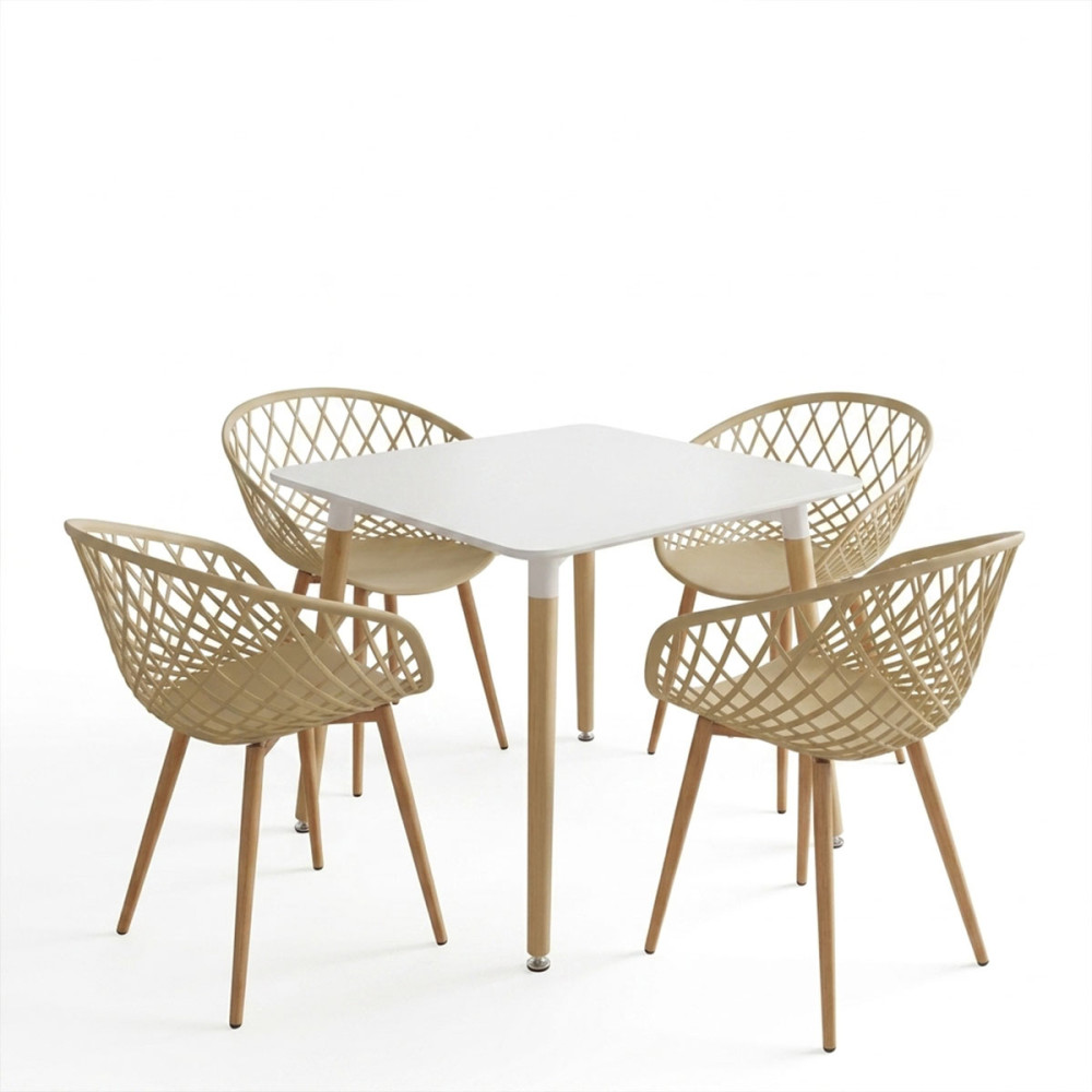 Set ngrënie me kolltuqe Ezra cappuccino dhe tavolinë Natali White 80x80x76cm Set prej 5 copësh