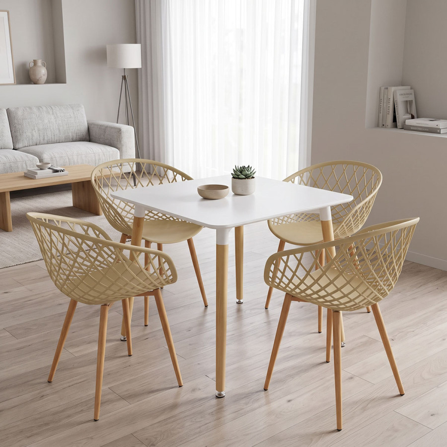 Set ngrënie me kolltuqe Ezra cappuccino dhe tavolinë Natali White 80x80x76cm Set prej 5 copësh