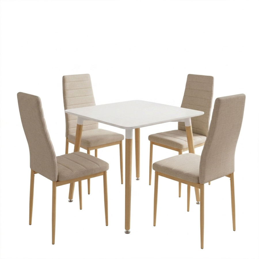 Set ngrënieje me karrige Parker bezhë dhe tavolinë Natali të bardhë 80x80x76cm Set me 5 copë