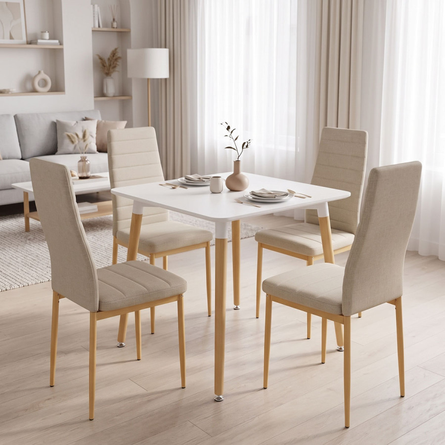 Set ngrënieje me karrige Parker bezhë dhe tavolinë Natali të bardhë 80x80x76cm Set me 5 copë