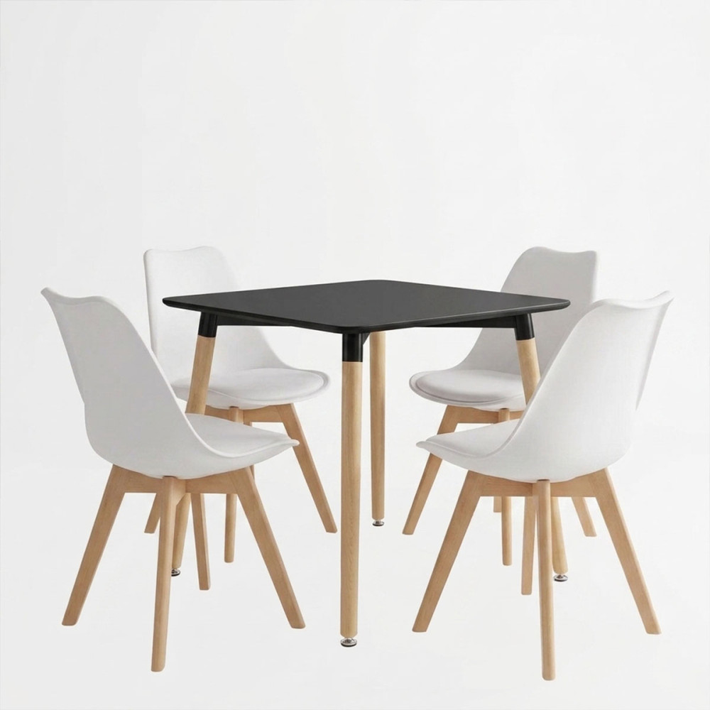 Set ngrënieje me karrige Gaston të bardha dhe tavolinë Natali të zezë 80x80x76cm Set prej 5 copësh