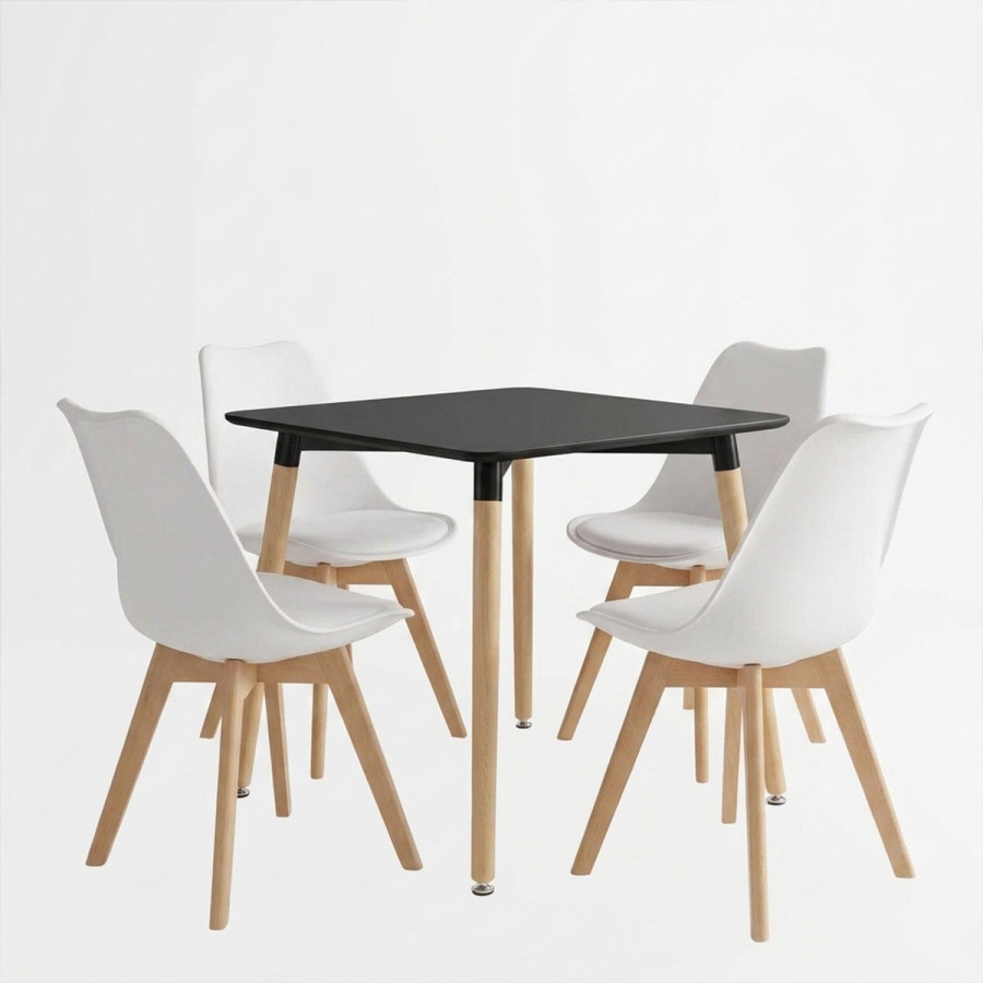 Set ngrënieje me karrige Gaston të bardha dhe tavolinë Natali të zezë 80x80x76cm Set prej 5 copësh