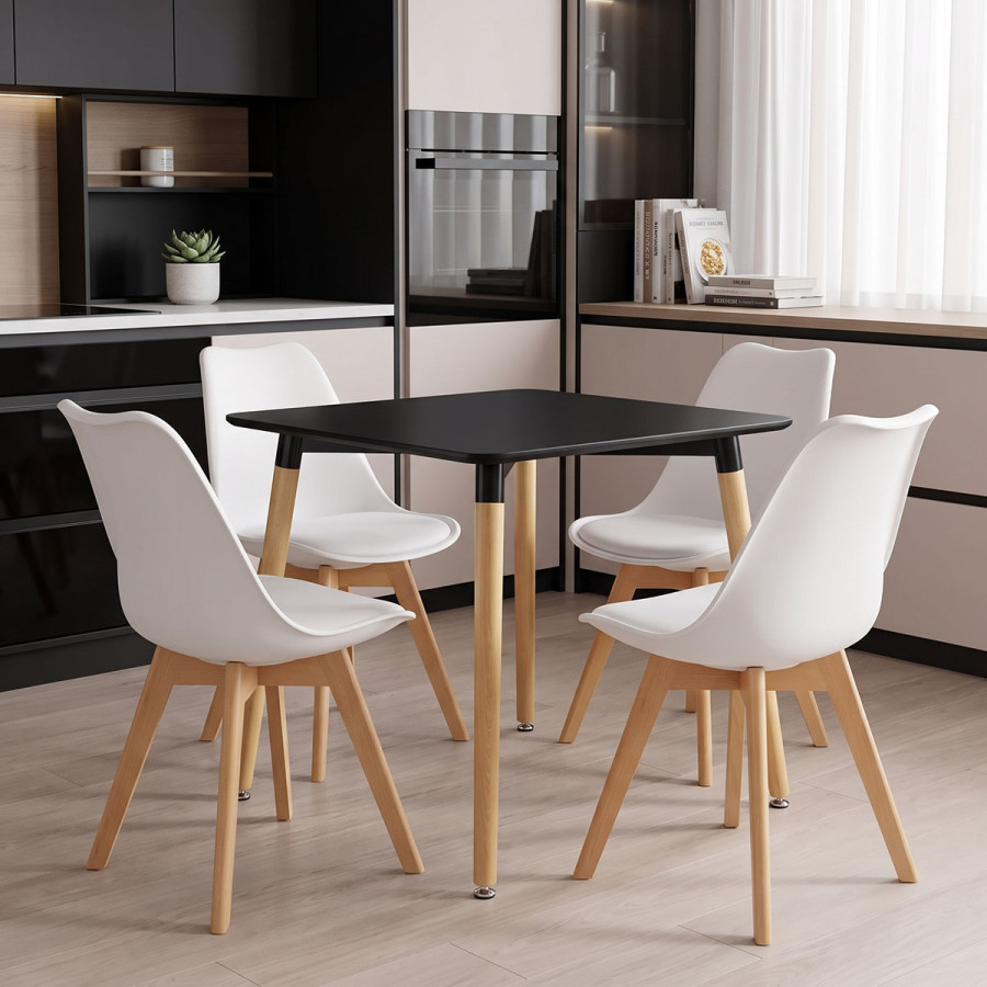 Set ngrënieje me karrige Gaston të bardha dhe tavolinë Natali të zezë 80x80x76cm Set prej 5 copësh