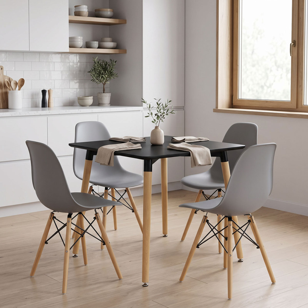 Set ngrënieje me karrige Julita gri Tavolinë Natali e zezë 80x80x76cm Set 5 copësh