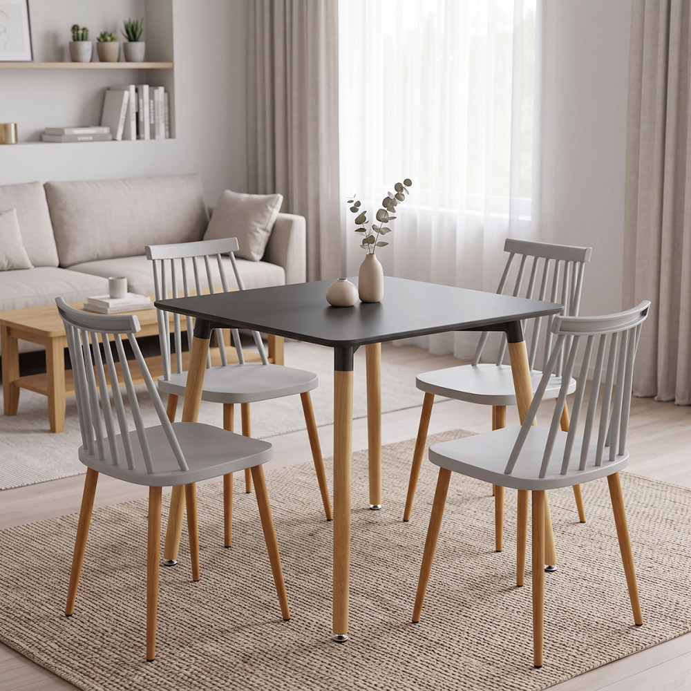 Set ngrënieje me karrige Aurora të bardha Tavolinë Natali e zezë 80x80x76cm Set 5 copësh