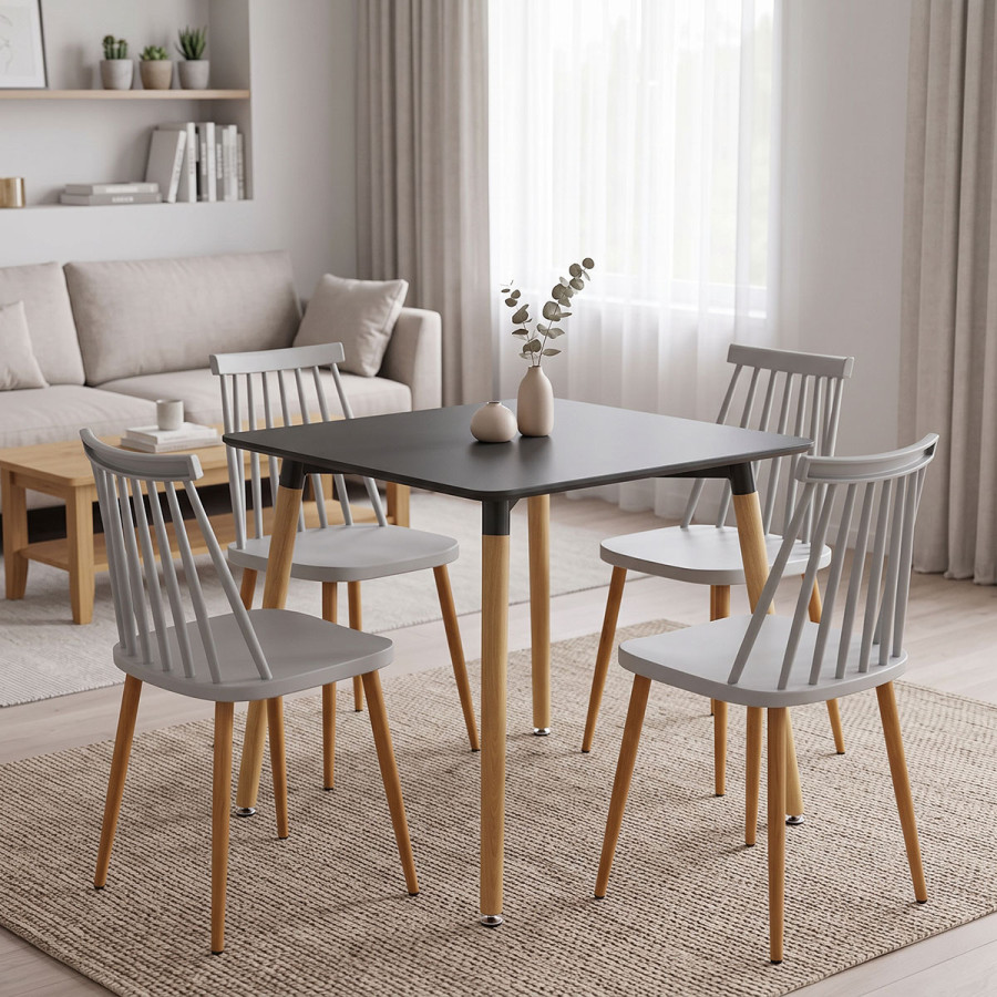 Set ngrënieje me karrige Aurora të bardha Tavolinë Natali e zezë 80x80x76cm Set 5 copësh