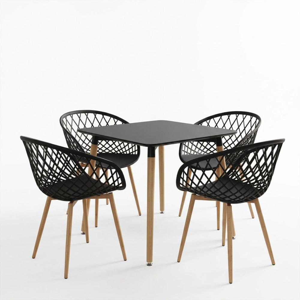 Set ngrënieje me kolltukë Ezra të zinj dhe tavolinë Natali të zezë 80x80x76cm Set me 5 copë