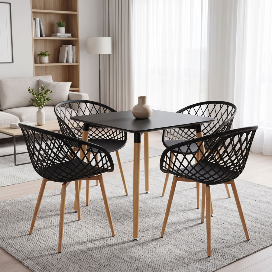 Set ngrënieje me kolltukë Ezra të zinj dhe tavolinë Natali të zezë 80x80x76cm Set me 5 copë
