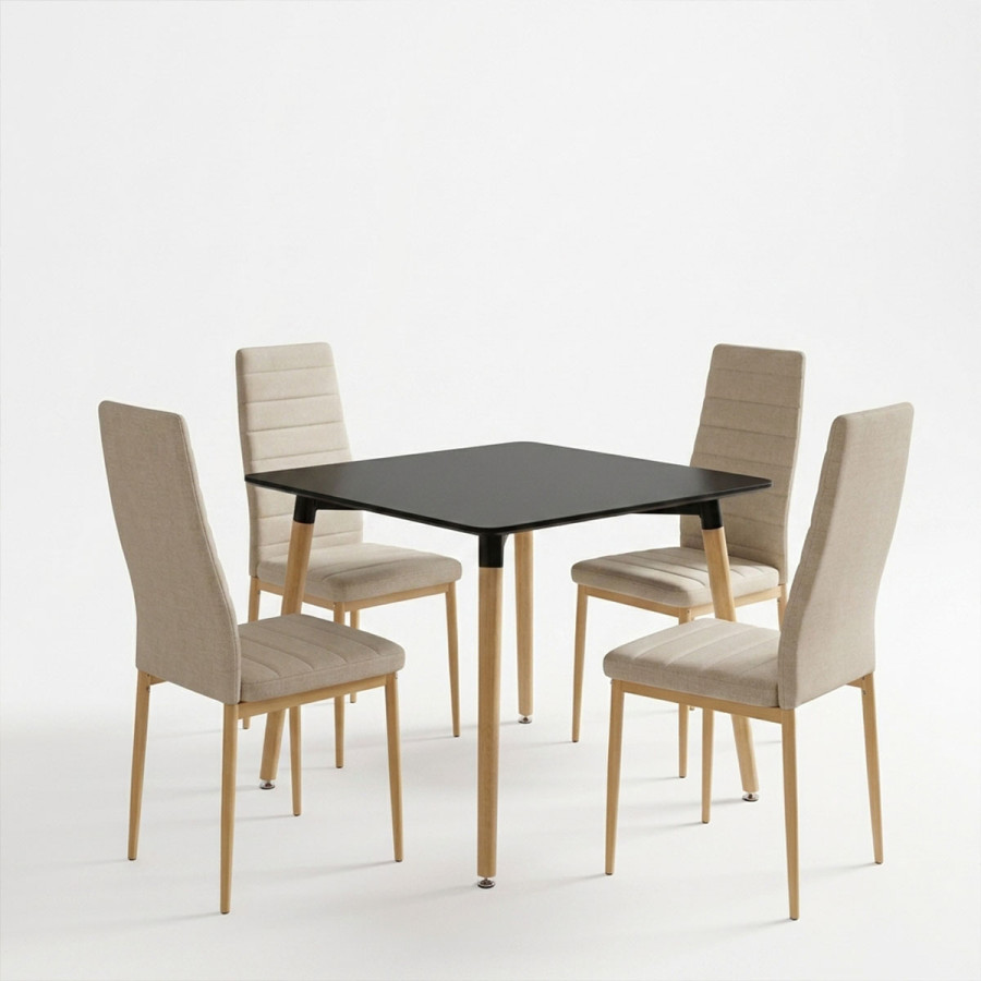 Set ngrënieje me karrige Parker bezhë dhe tavolinë Natali të zezë 80x80x76cm Set me 5 copë