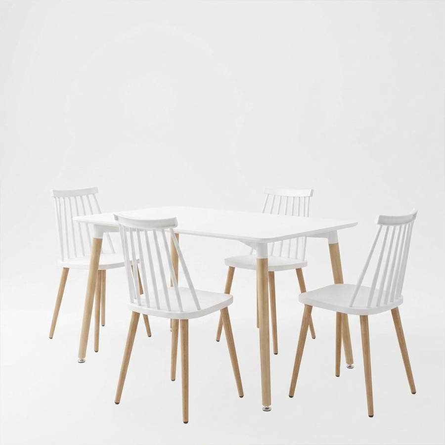 Set ngrënieje me karrige Aurora të bardha dhe tavolinë Natali të bardhë 80x80x76cm Set me 5 copë