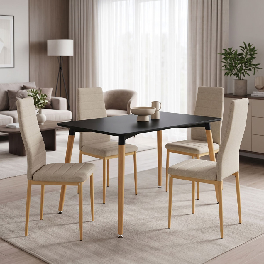 Set ngrënieje Parker me karrige bezhë dhe tavolinë Natali të zezë 120x80x76cm Set me 5 copë