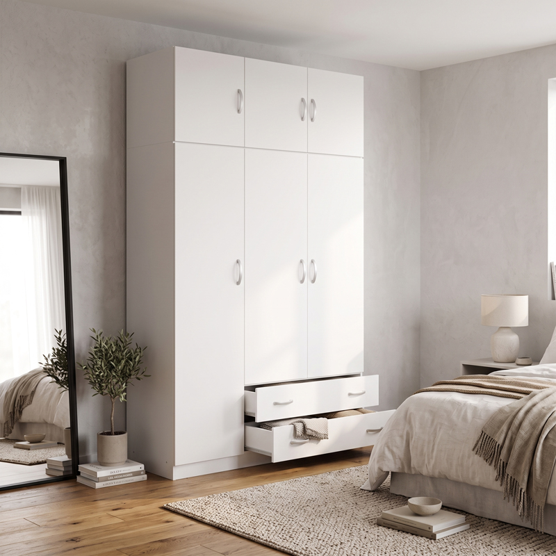 Garderobe me tre dyer me hapesire magazinimi siper Alvia pakoworld e bardhe 150x51x240cm