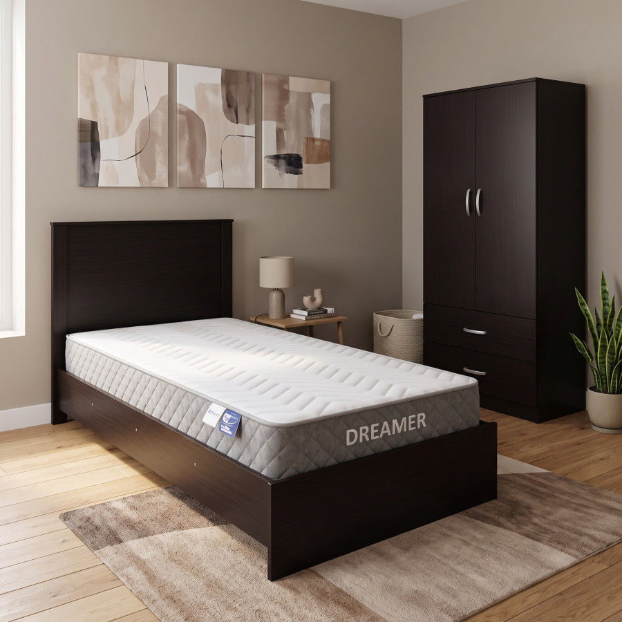 Set dhome gjumi Athos Wenge me gardërobë me dy dyer dhe dyshek Dreamer 90x190cm Set 3 copë