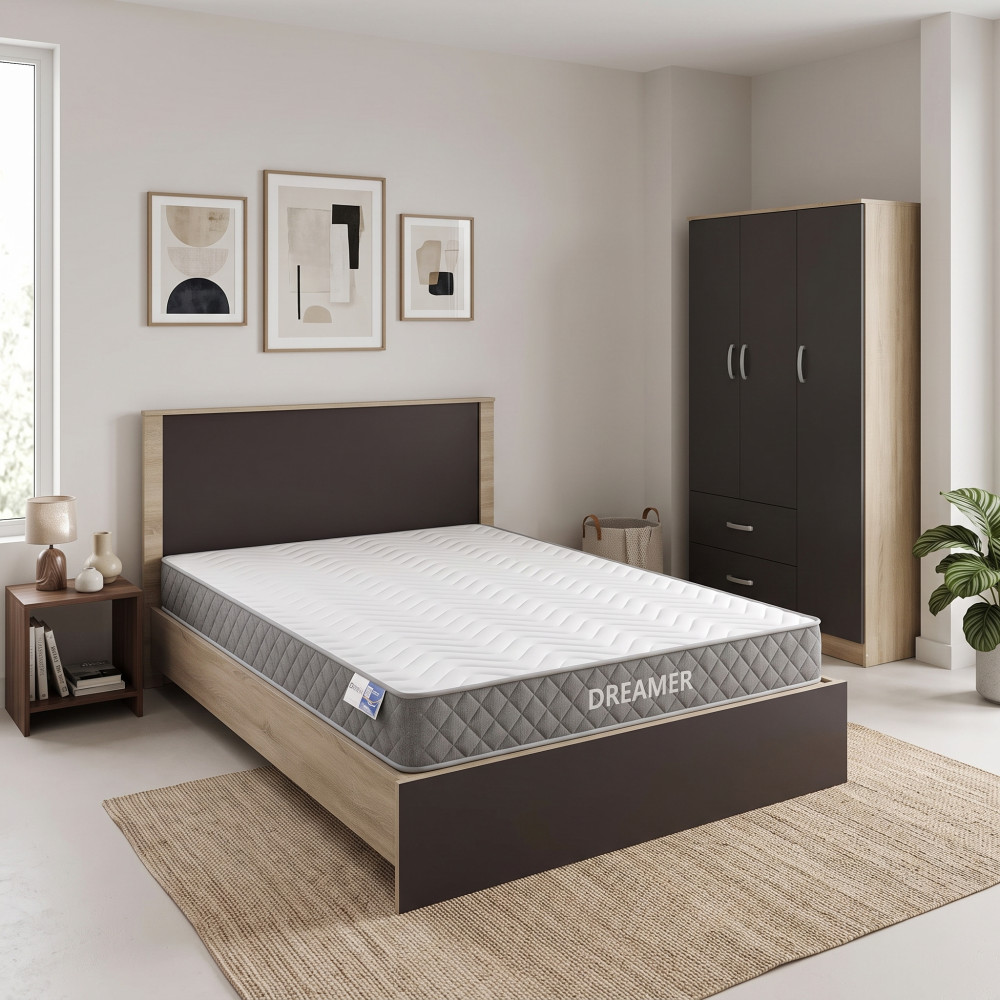 Set dhome gjumi Athos Sonoma-Antracit me gardërobë me 3 dyer dhe dyshek Dreamer 140x200cm Set 3 pjesësh