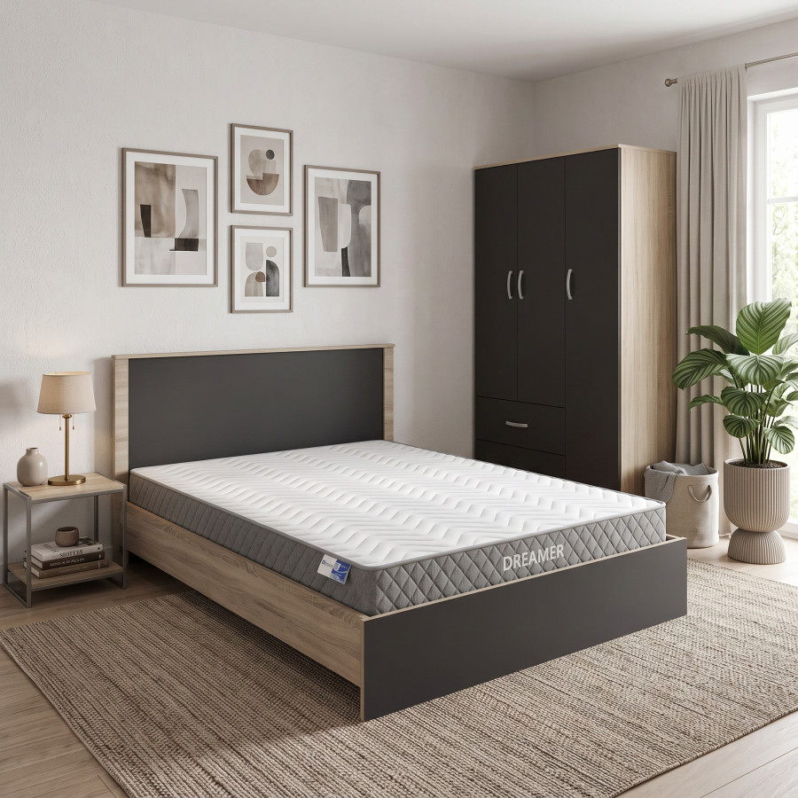 Set dhome gjumi Athos Sonoma-Anthracite me dollap me 3 dyer dhe dyshek Dreamer 160x200cm, set me 3 pjesë