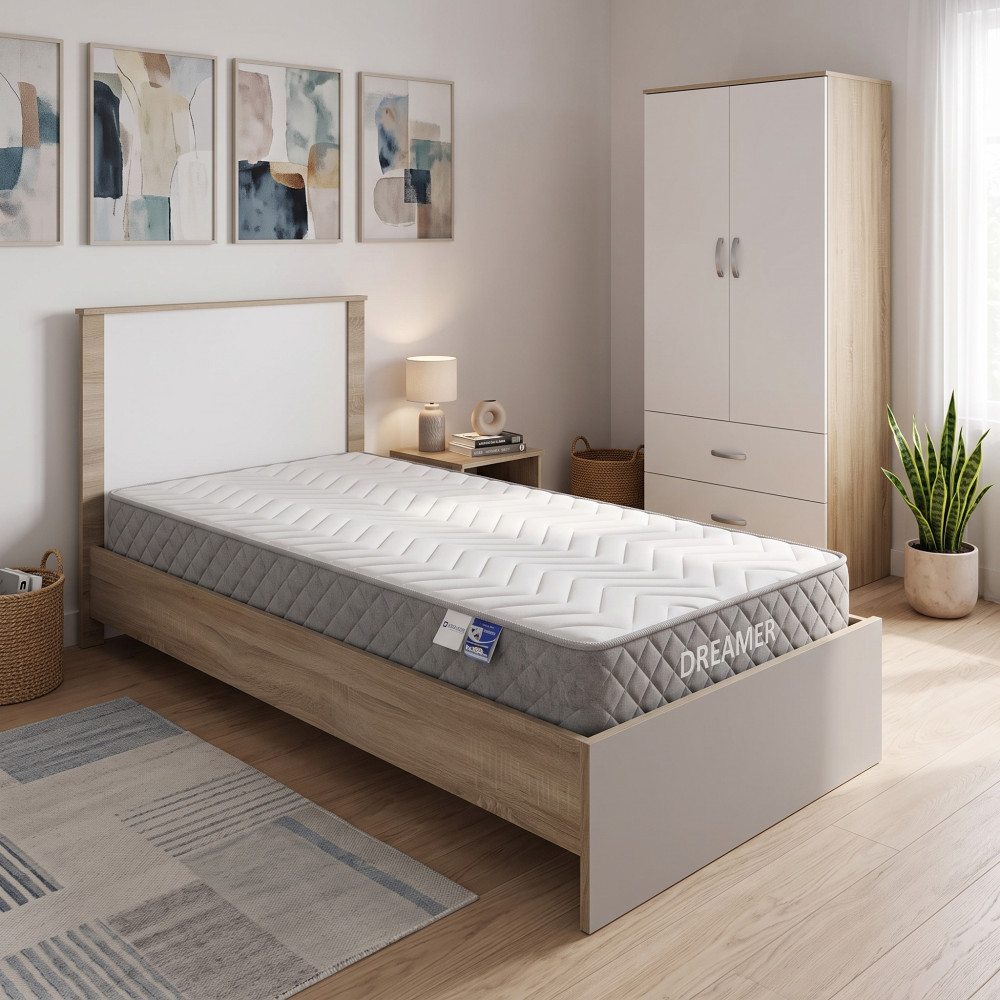 Set dhome gjumi Athos Sonoma-White me gardërobë me 2 dyer dhe dyshek Dreamer 90x190cm Set 3 copë
