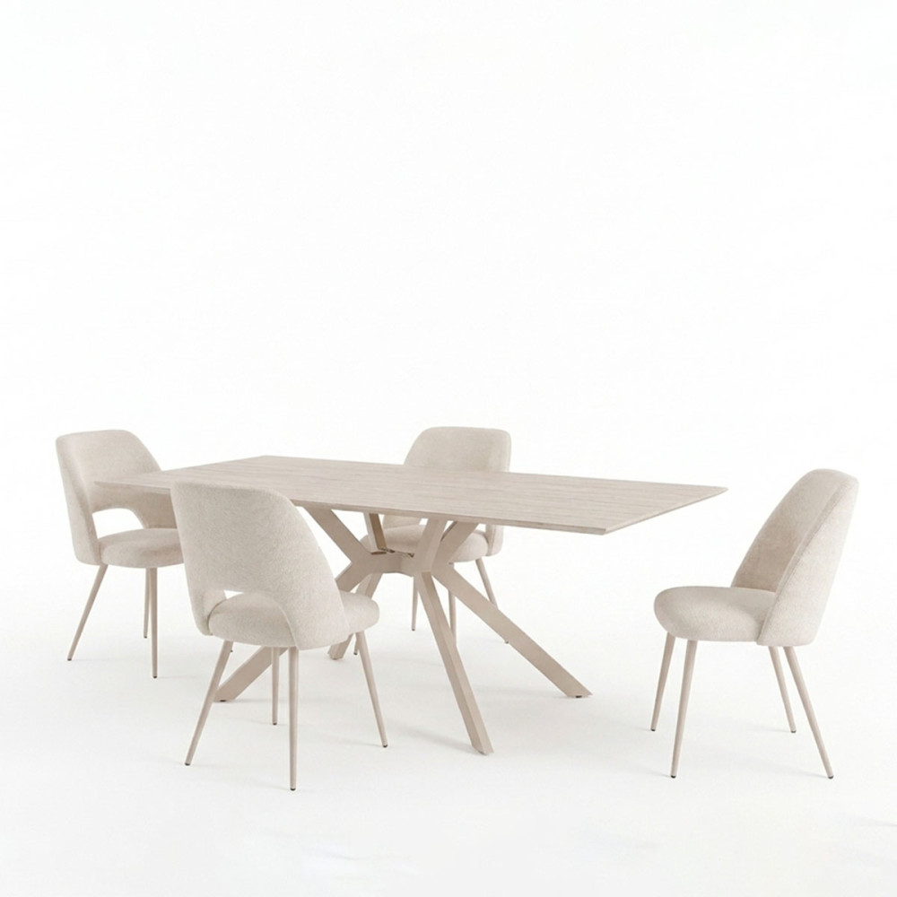 Set ngrënieje me karrige Nelda krem dhe tavolinë Olven me pamje travertini 180x90x75cm Set prej 5 copësh
