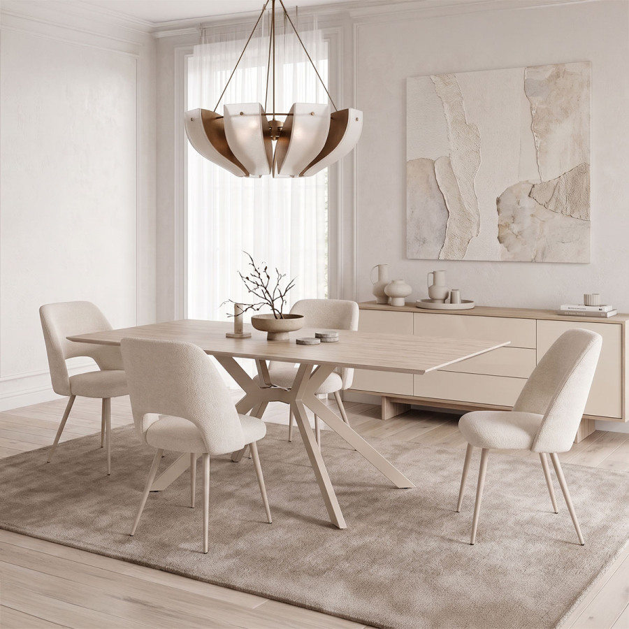 Set ngrënieje me karrige Nelda krem dhe tavolinë Olven me pamje travertini 180x90x75cm Set prej 5 copësh
