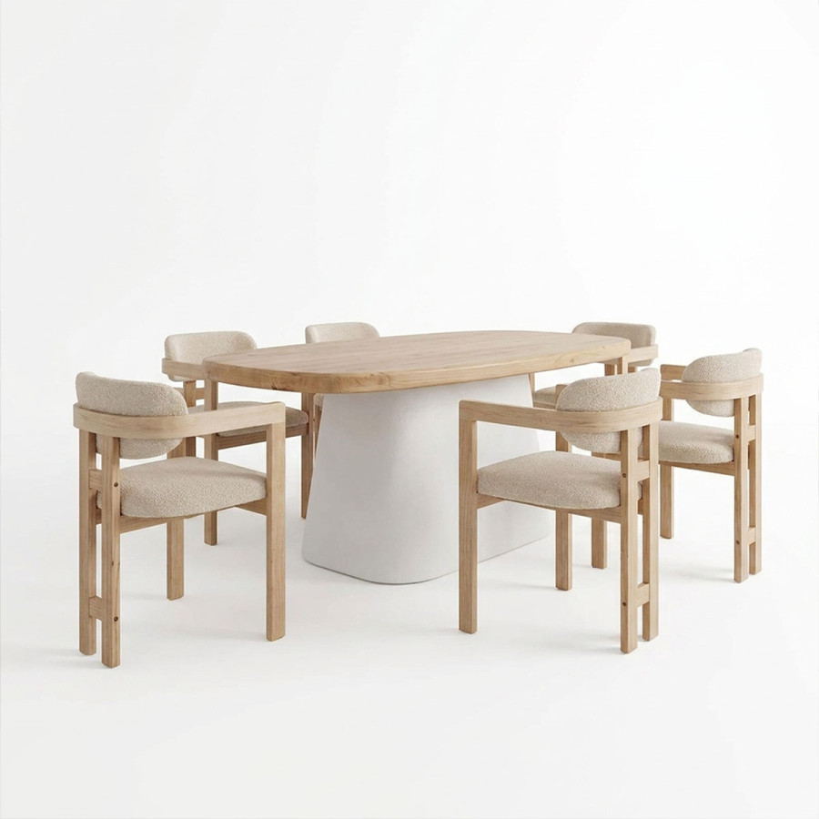 Set ngrënieje me karrige Winsor beige dhe tavolinë Fessen të bardhë në nuancë natyrale 180x90x78cm Set 7 copë