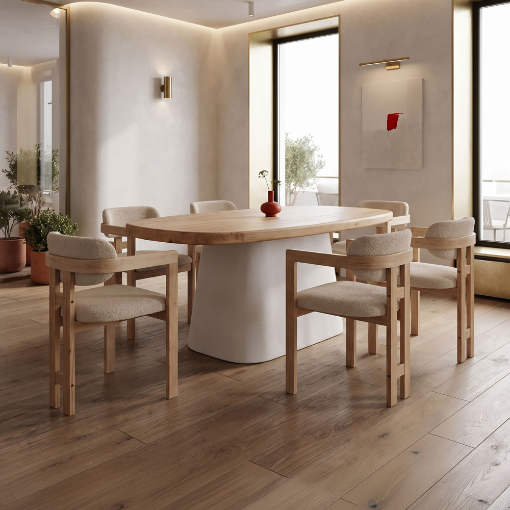 Set ngrënieje me karrige Winsor beige dhe tavolinë Fessen të bardhë në nuancë natyrale 180x90x78cm Set 7 copë